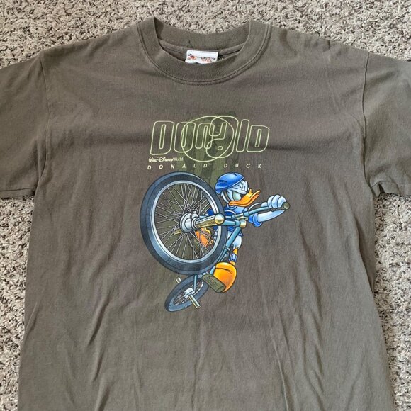 Vintage Disney Donald Duck Bike Graphic T-Shirt Kids XL Brown 100% Cotton - Picture 2 of 7